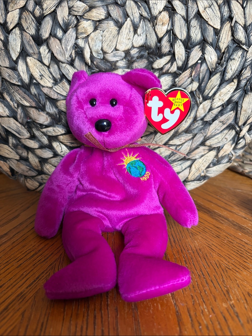 Ty Millennium Bright Purple Beanie Baby Bear with Globe Embroidery